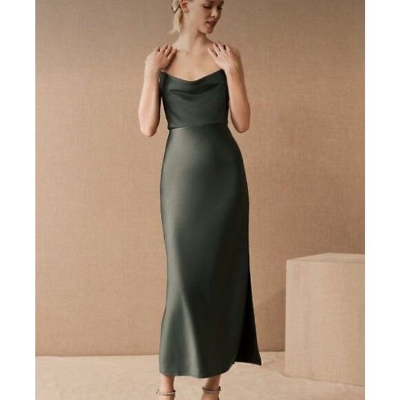 Anthropologie BHLDN Cali Emerald Green Satin Cowl Neck Slip Dress Size 6 FLAWS - Picture 1 of 12